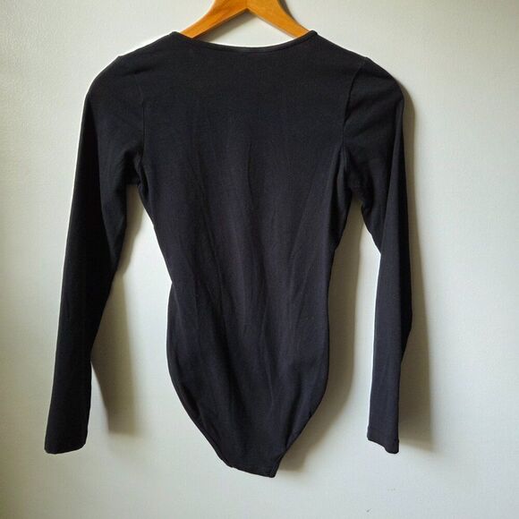 EUC AMERICAN APPAREL BLACK DEEP SURPLICE V NECK LONGSLEEVES BODYSUIT SZ M - Picture 3 of 13